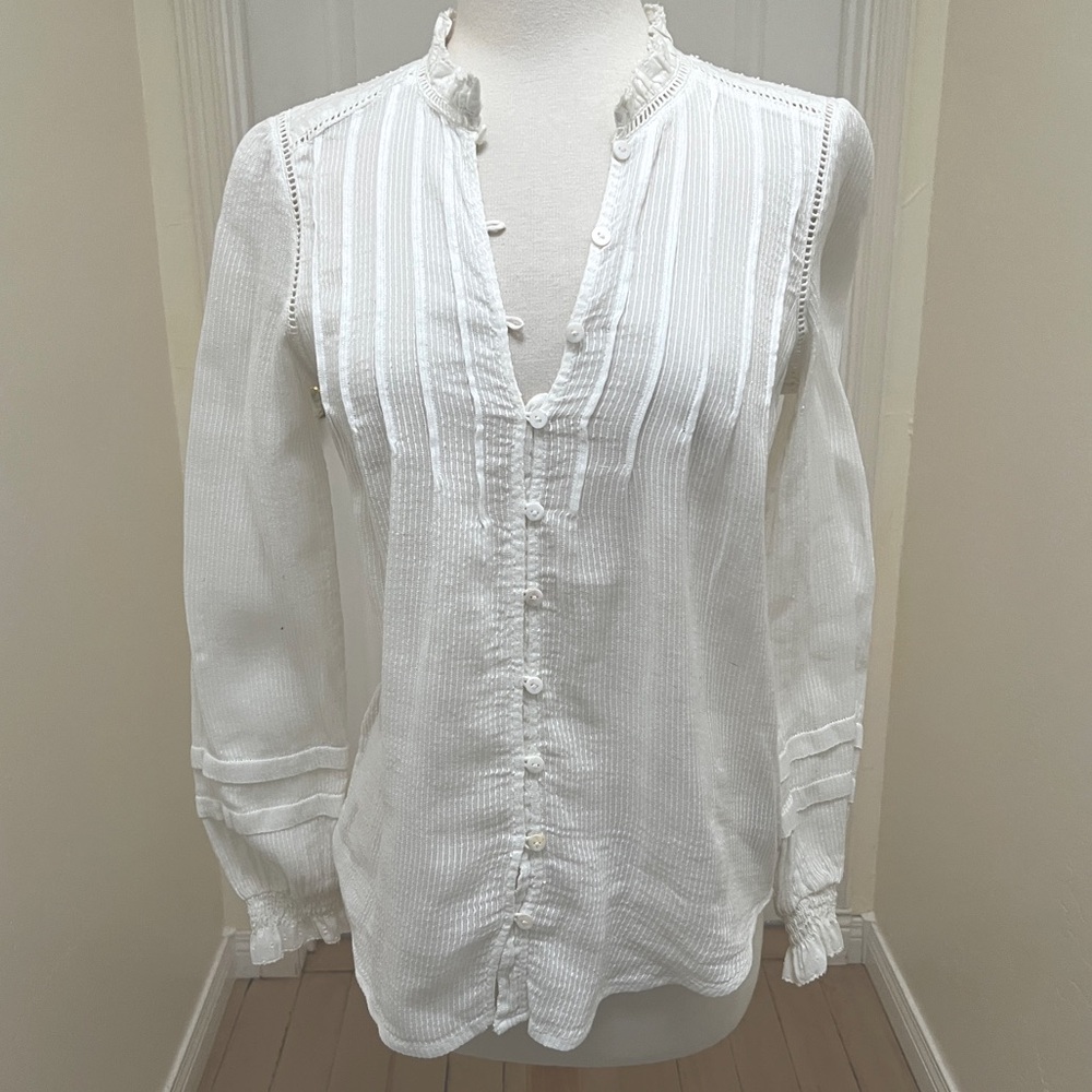 Faherty Willa Blouse White Organic Cotton Top Long Sleeve Blouse Size XS